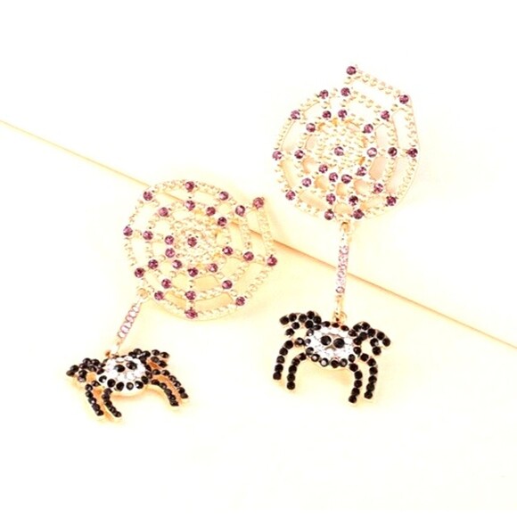 Halloween Earrings, Rhinestone Spider Dangling on Web, Black/Gold/Purple - 2.75" - Picture 3 of 5